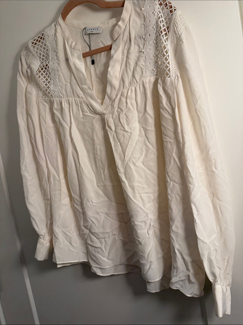 Sandro Cream Lace-Yoke Long Sleeve Blouse. Tag Inside bottom scans as a size 2